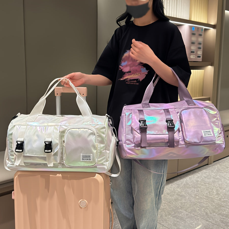 Large Capacity Women'S Nylon Travel Duffel Bag - Pink Iridescent Weekender Gym Tote with Shoe Compartment, Shoulder Strap & Multiple Pockets - Versatile Sports & Fitness Carry-On